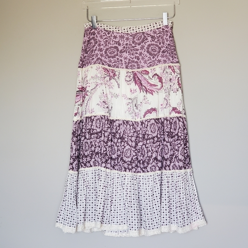 Vtg Rave Tiered Floral Mixed-Print Lace Midi Gypsy Boho Skirt Purple Broomstick